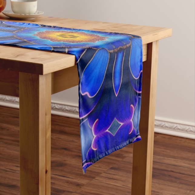 Abstract Blue Flowers Pattern Long Table Runner (In Situ)