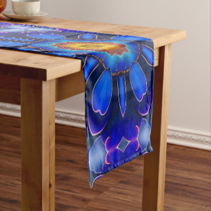 Abstract Blue Flowers Pattern Short Table Runner