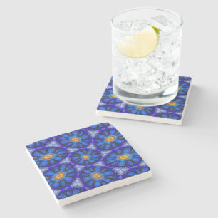 Abstract Blue Flowers Pattern Stone Coaster