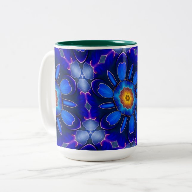 Abstract Blue Flowers Pattern Two-Tone Coffee Mug (Front Left)