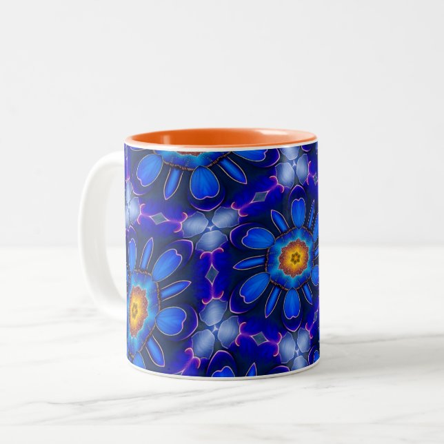 Abstract Blue Flowers Pattern Two-Tone Coffee Mug (Front Left)
