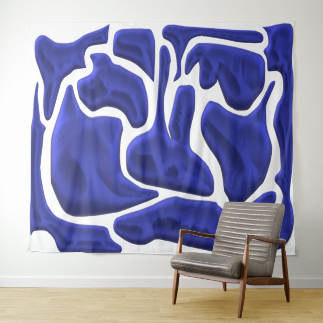 Abstract Blue Fluid Shapes – 3D Modern Art Tapestry (In Situ (Horizontal))