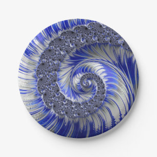 Abstract Blue Fractal Spiral Paper Plates