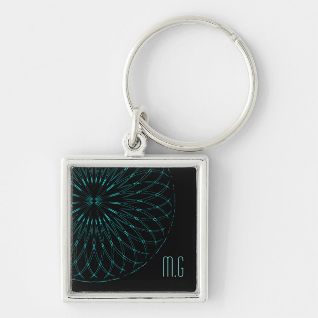 Abstract Blue Geometric Graphic Black Monogram Key Ring (Front)