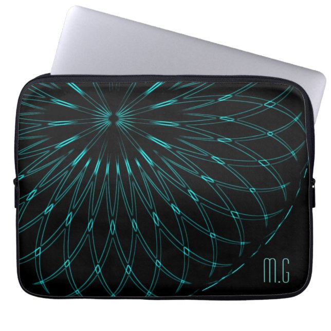 Abstract Blue Geometric Graphic Black Monogram Laptop Sleeve (Front)