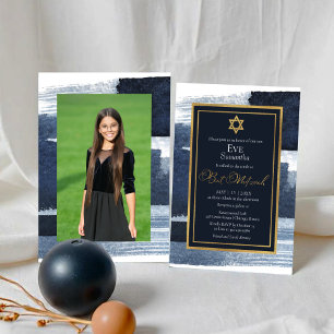 Abstract Blue Gilded Photo Bat Mitzvah Invitation