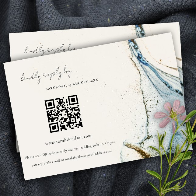 Abstract Blue Gold Beachy Wedding QR Code RSVP Enclosure Card (Creator Uploaded)