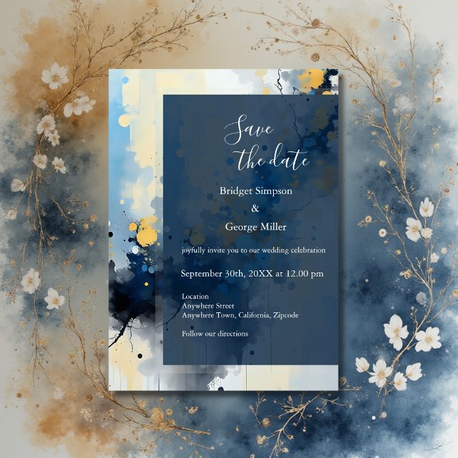 Abstract Blue & Gold Ink Splatter Artwork wedding Invitation (Creator Uploaded)