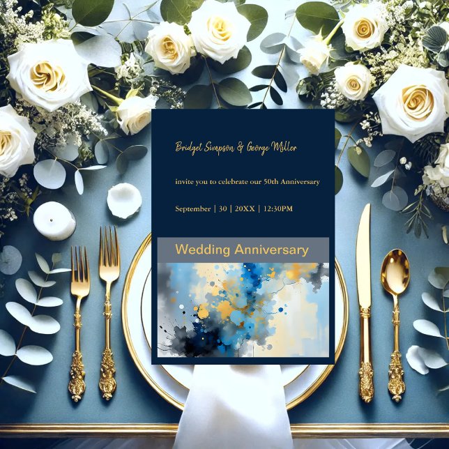 Abstract Blue & Gold Ink Splatter Artwork wedding Invitation (Creator Uploaded)