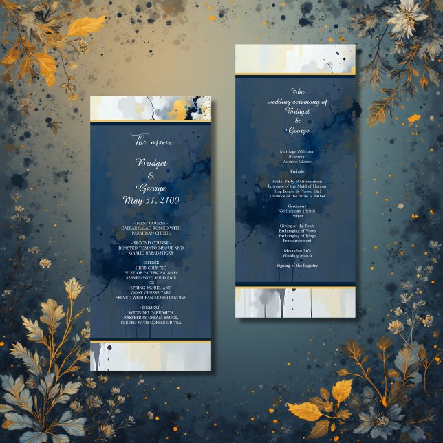 Abstract Blue & Gold Ink Splatter Artwork wedding Program (Creator Uploaded)