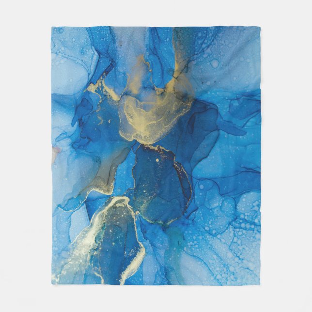Abstract Blue Gold Marble Texture Fleece Blanket (Front)
