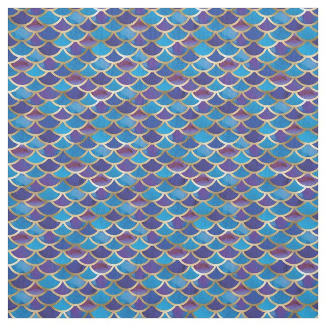 Abstract Blue Gold Mermaid Scale Pattern Fabric (Swatch)