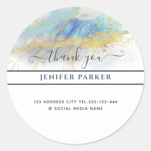 Abstract blue gold  modern script thank you classic round sticker (Front)