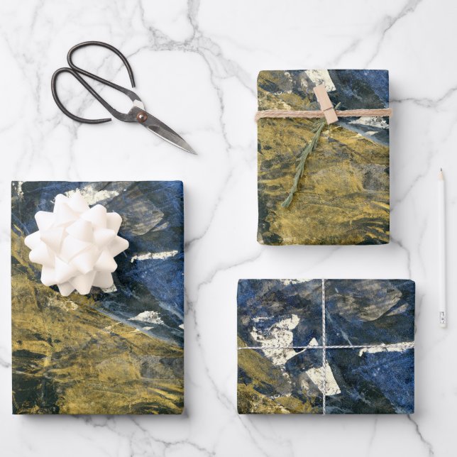 Abstract Blue Gold on Black Pattern Art Wrapping Paper Sheet (Front)