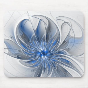 Abstract Blue Gray Watercolor Fractal Art Flower Mouse Pad