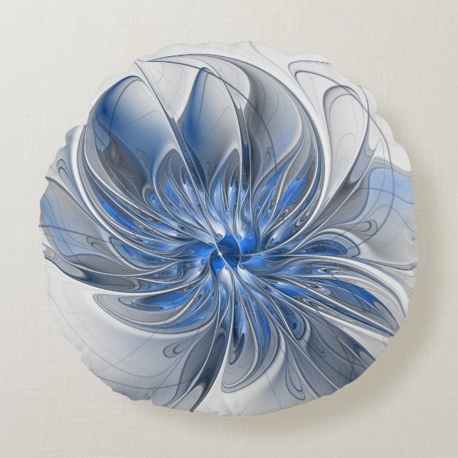 Abstract Blue Gray Watercolor Fractal Art Flower Round Cushion (Front)