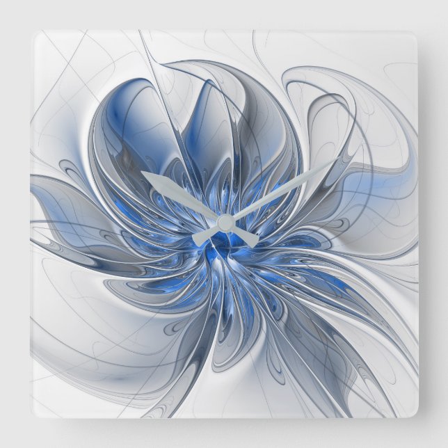 Abstract Blue Gray Watercolor Fractal Art Flower Square Wall Clock (Front)