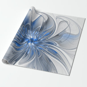Abstract Blue Gray Watercolor Fractal Art Flower Wrapping Paper