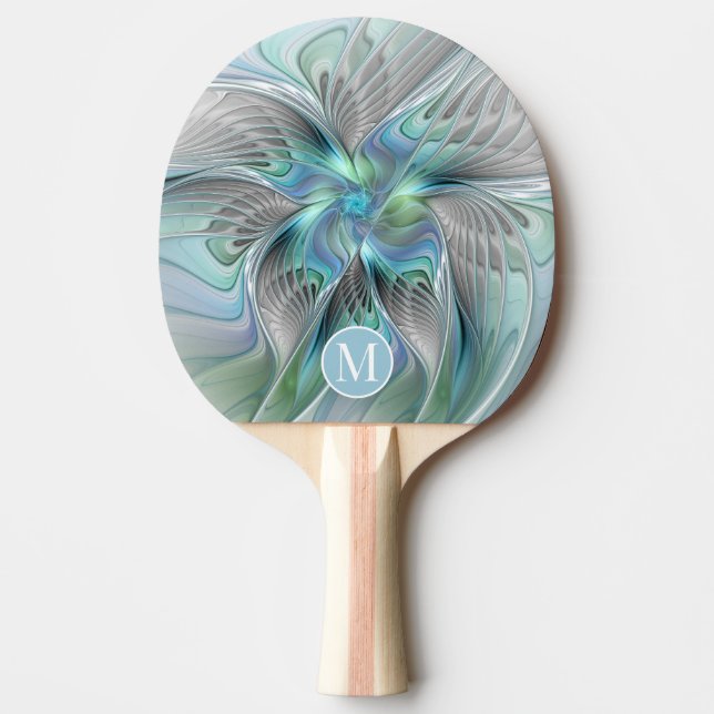 Abstract Blue Green Butterfly Fantasy Art Monogram Ping Pong Paddle (Front)