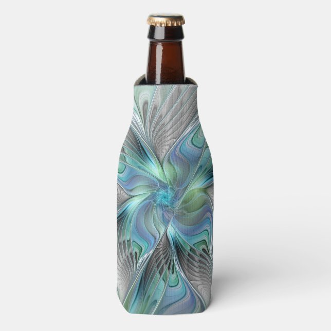 Abstract Blue Green Butterfly Fantasy Fractal Art Bottle Cooler (Bottle Front)