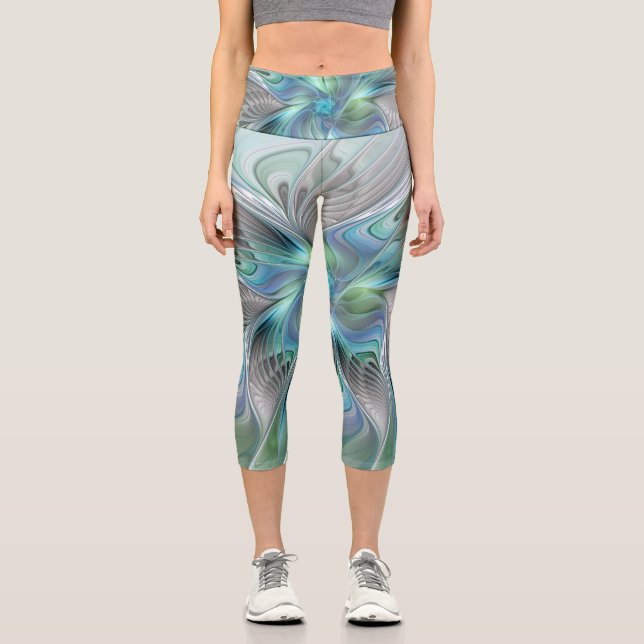 Abstract Blue Green Butterfly Fantasy Fractal Art Capri Leggings (Front)