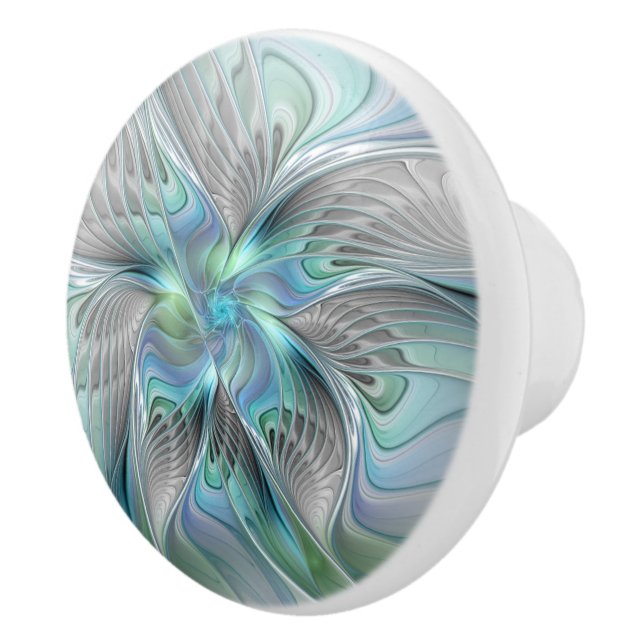 Abstract Blue Green Butterfly Fantasy Fractal Art Ceramic Knob (Right)