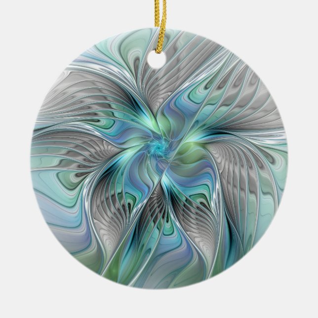 Abstract Blue Green Butterfly Fantasy Fractal Art Ceramic Ornament (Front)