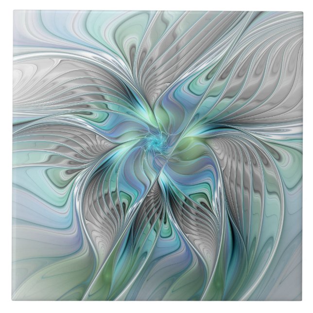 Abstract Blue Green Butterfly Fantasy Fractal Art Ceramic Tile (Front)