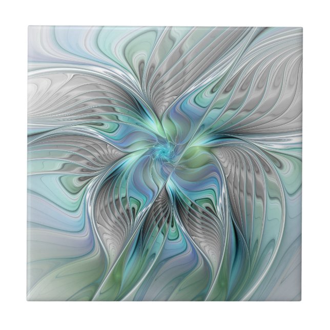 Abstract Blue Green Butterfly Fantasy Fractal Art Ceramic Tile (Front)