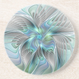 Abstract Blue Green Butterfly Fantasy Fractal Art Coaster