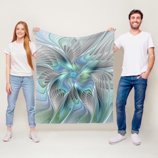 Abstract Blue Green Butterfly Fantasy Fractal Art Fleece Blanket (In Situ)
