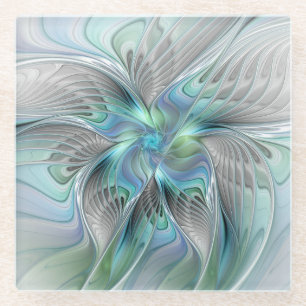 Abstract Blue Green Butterfly Fantasy Fractal Art Glass Coaster