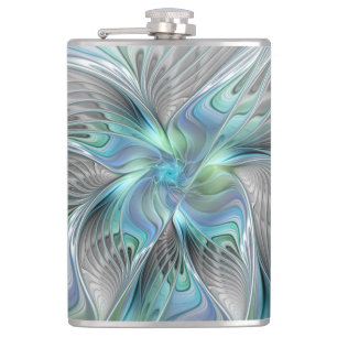 Abstract Blue Green Butterfly Fantasy Fractal Art Hip Flask