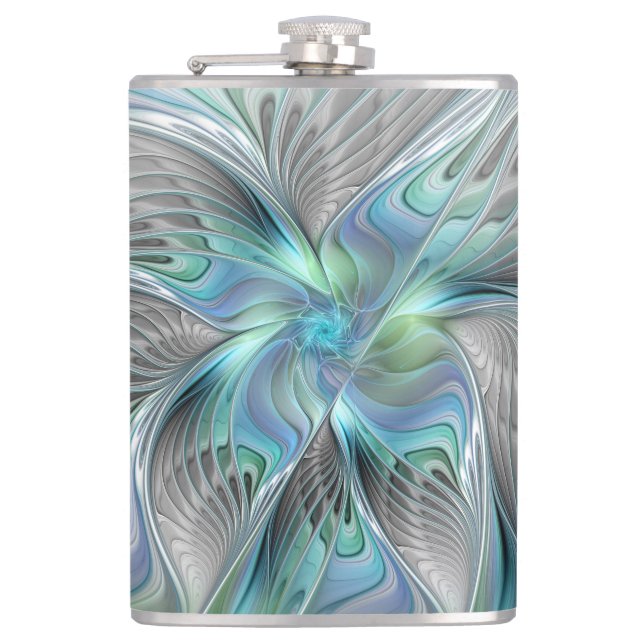 Abstract Blue Green Butterfly Fantasy Fractal Art Hip Flask (Front)