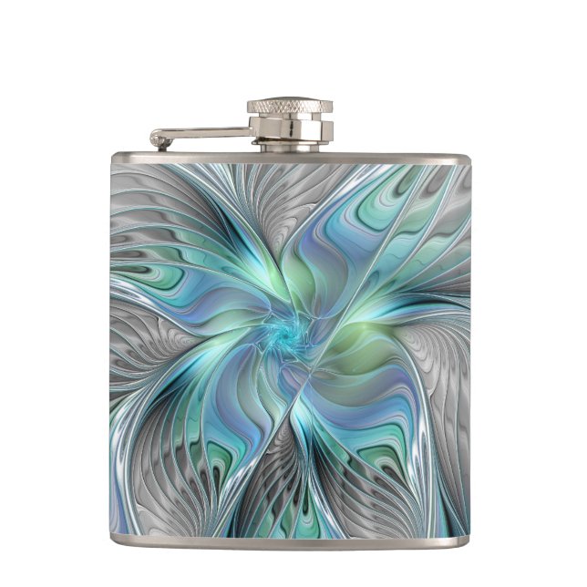 Abstract Blue Green Butterfly Fantasy Fractal Art Hip Flask (Front)