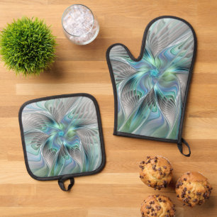Abstract Blue Green Butterfly Fantasy Fractal Art Oven Mitt & Pot Holder Set