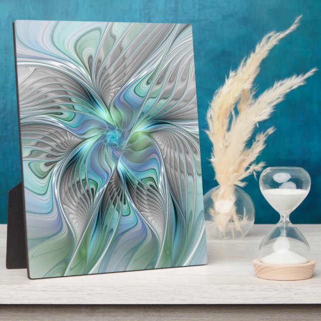 Abstract Blue Green Butterfly Fantasy Fractal Art Plaque (Side)