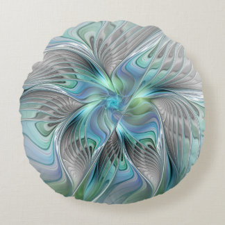 Abstract Blue Green Butterfly Fantasy Fractal Art Round Cushion