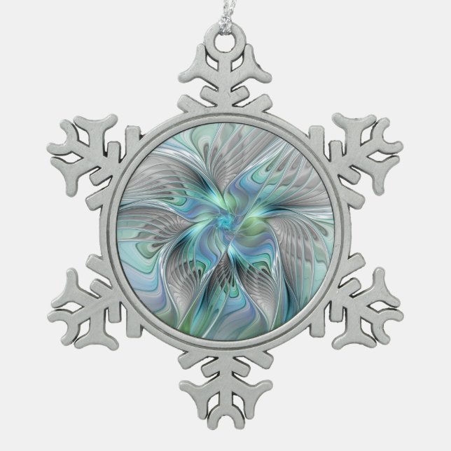 Abstract Blue Green Butterfly Fantasy Fractal Art Snowflake Pewter Christmas Ornament (Front)