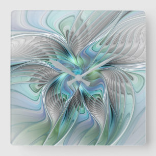 Abstract Blue Green Butterfly Fantasy Fractal Art Square Wall Clock