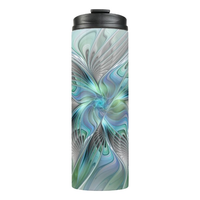 Abstract Blue Green Butterfly Fantasy Fractal Art Thermal Tumbler (Front)