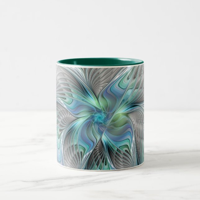 Abstract Blue Green Butterfly Fantasy Fractal Art Two-Tone Coffee Mug (Center)