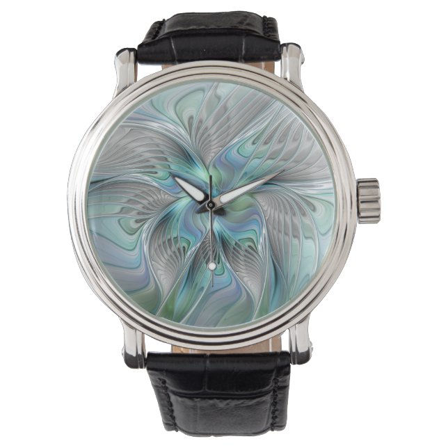 Abstract Blue Green Butterfly Fantasy Fractal Art Watch (Front)
