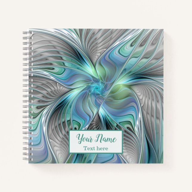 Abstract Blue Green Butterfly Fantasy Fractal Name Notebook (Front)