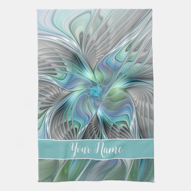 Abstract Blue Green Butterfly Fantasy Fractal Name Tea Towel (Vertical)
