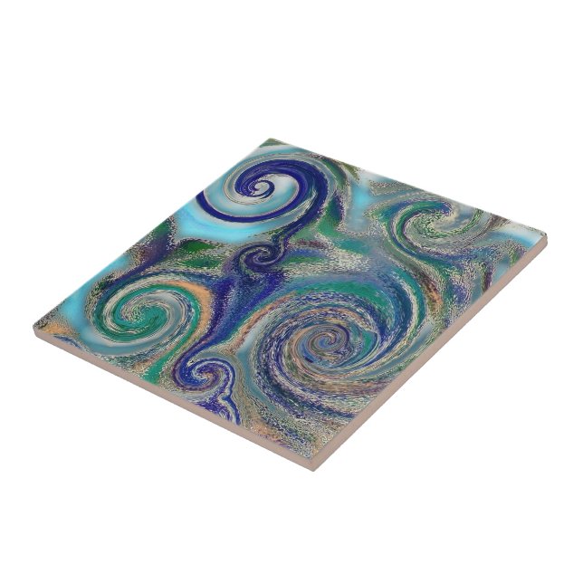 Abstract Blue Green Earth Swirls Ceramic Tile (Side)