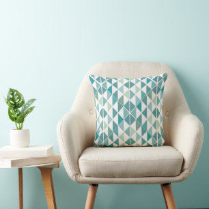 Abstract Blue Green Geometric Triangle Pattern Cushion