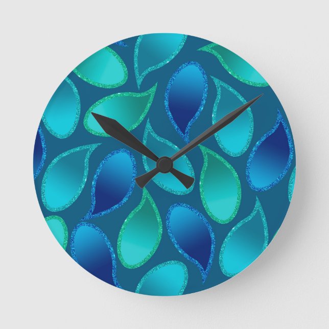 Abstract blue green teal peacock rain drop pattern round clock (Front)