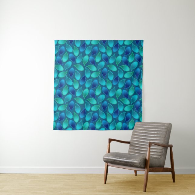 Abstract blue green teal peacock rain drop pattern tapestry (In Situ)