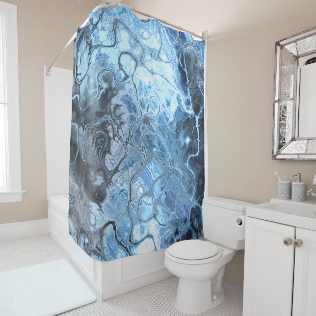 Abstract Blue & Grey Marble Ice Fluid Texture Shower Curtain (In Situ)